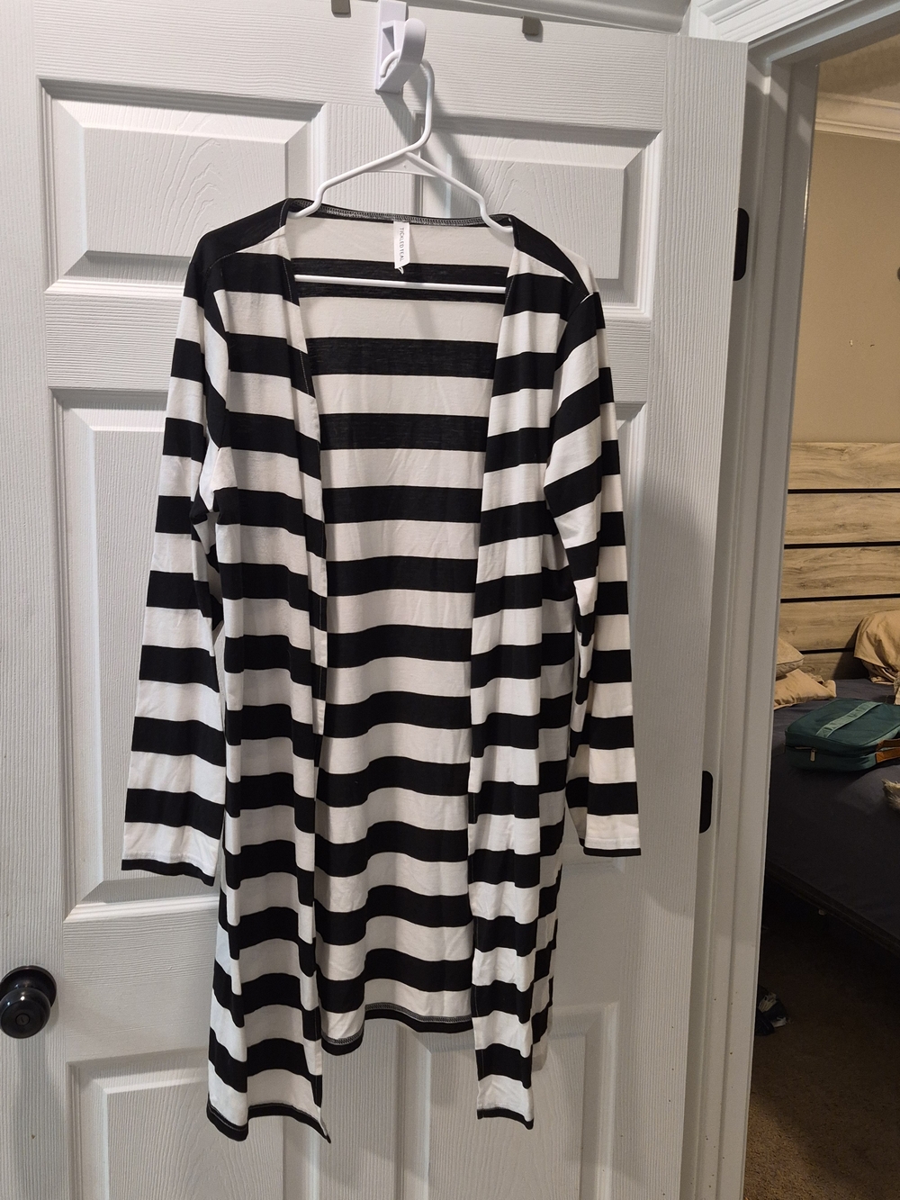 Tickled Teal Black & White Striped Open-Front Cardigan